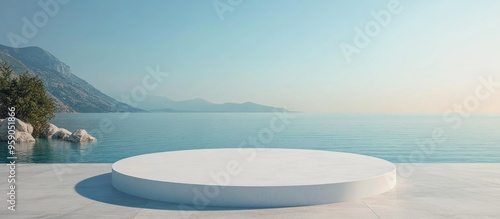 Empty concrete floor with a round white podium featuring a serene sea view and clear sky in a 3D rendering