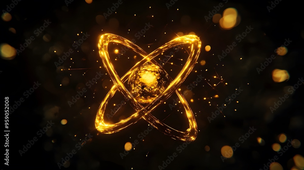 Gold Atom: An artistic depiction of a single gold atom, with golden electrons orbiting a central nucleus, against a black background.
Gold Atom: An artistic depiction of a single gold atom, with golden electrons orbiting a central nucleus, against a black background.