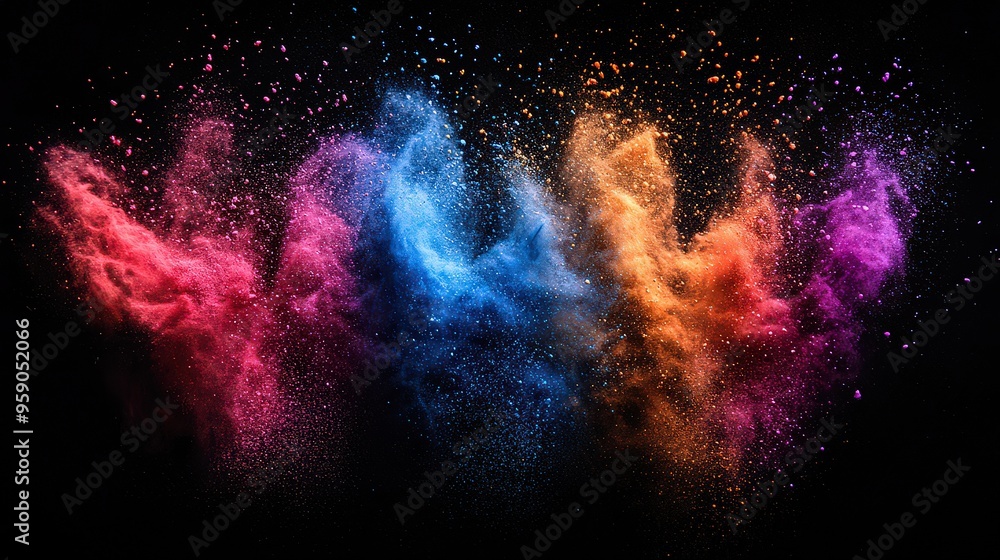 Vibrant bursts of colorful powder in pink, blue, and orange explode against a black background, creating a dynamic, energetic visual. Vibrant bursts of colorful powder in pink, blue, and orange explode against a black background, creating a dynamic, energetic visual.