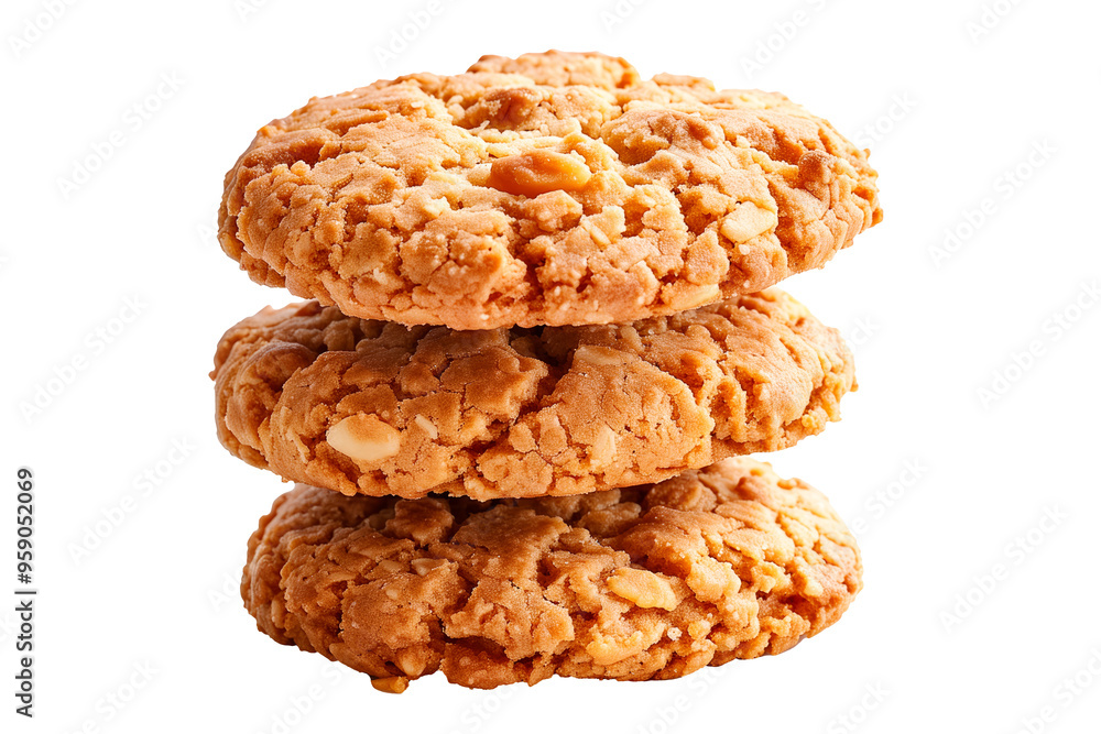 Stack of baked oatmeal cookies or Anzac Biscuit isolated on white transparent background. Concept of homemade baked goods Stack of baked oatmeal cookies or Anzac Biscuit isolated on white transparent background. Concept of homemade baked goods