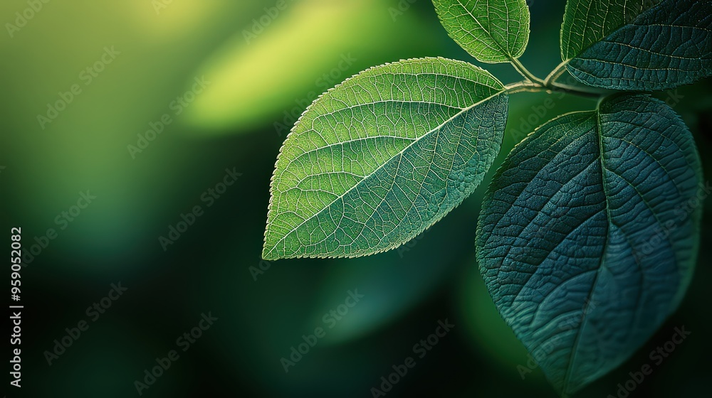 Close-up of fresh green leaves with visible veins, illuminated by soft sunlight, highlighting the intricate beauty of nature. Close-up of fresh green leaves with visible veins, illuminated by soft sunlight, highlighting the intricate beauty of nature.