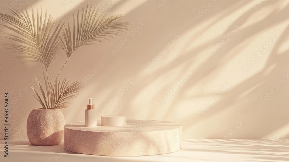 Shadow on the wall 3D render Elegant podium and pedestal on a soft pastel background Mockup for eco friendly cosmetic and spa products Shadow on the wall 3D render Elegant podium and pedestal on a soft pastel background Mockup for eco friendly cosmetic and spa products