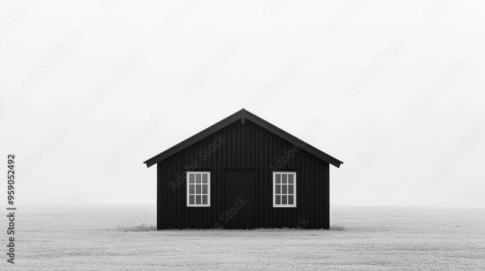 Minimalist black house stands alone on a vast, flat, snow-covered landscape, under an overcast sky, creating a stark and isolated atmosphere. Minimalist black house stands alone on a vast, flat, snow-covered landscape, under an overcast sky, creating a stark and isolated atmosphere.