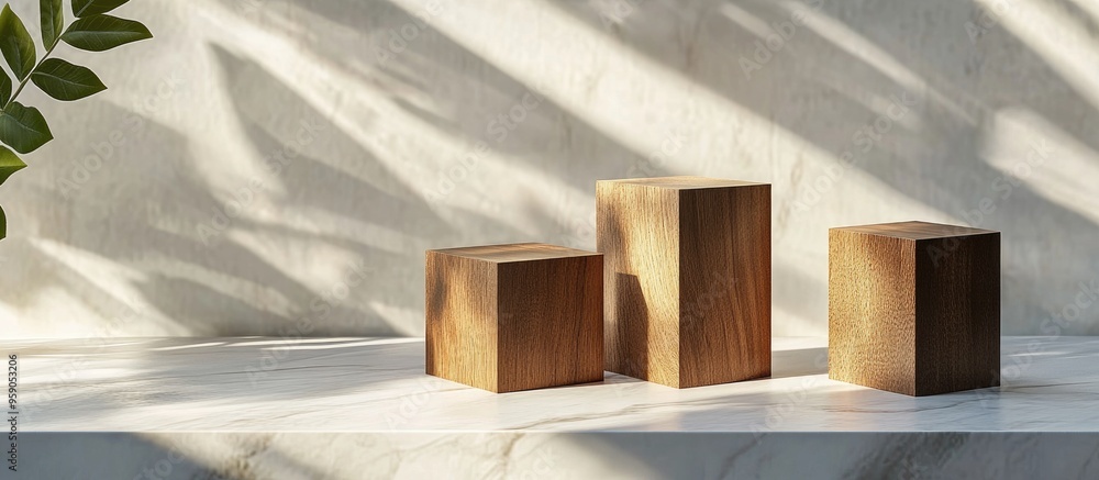 Luxury brown wooden box block cylinder and cube casting shadows on a white marble background Conceptual scene for showcasing products promotions and cosmetics 3D rendering Luxury brown wooden box block cylinder and cube casting shadows on a white marble background Conceptual scene for showcasing products promotions and cosmetics 3D rendering