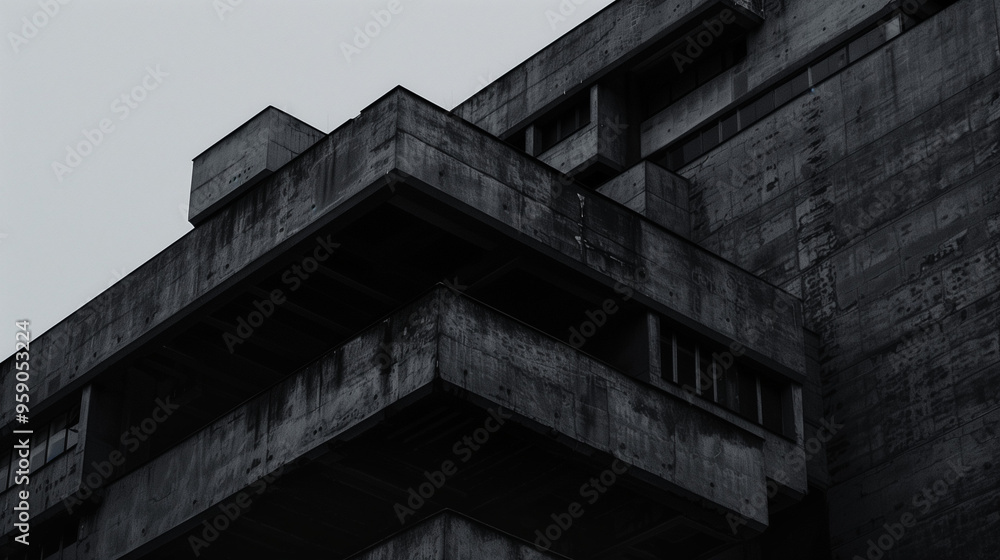 Fototapeta premium A dark, moody image of brutalist architecture featuring concrete geometric shapes and sharp angles