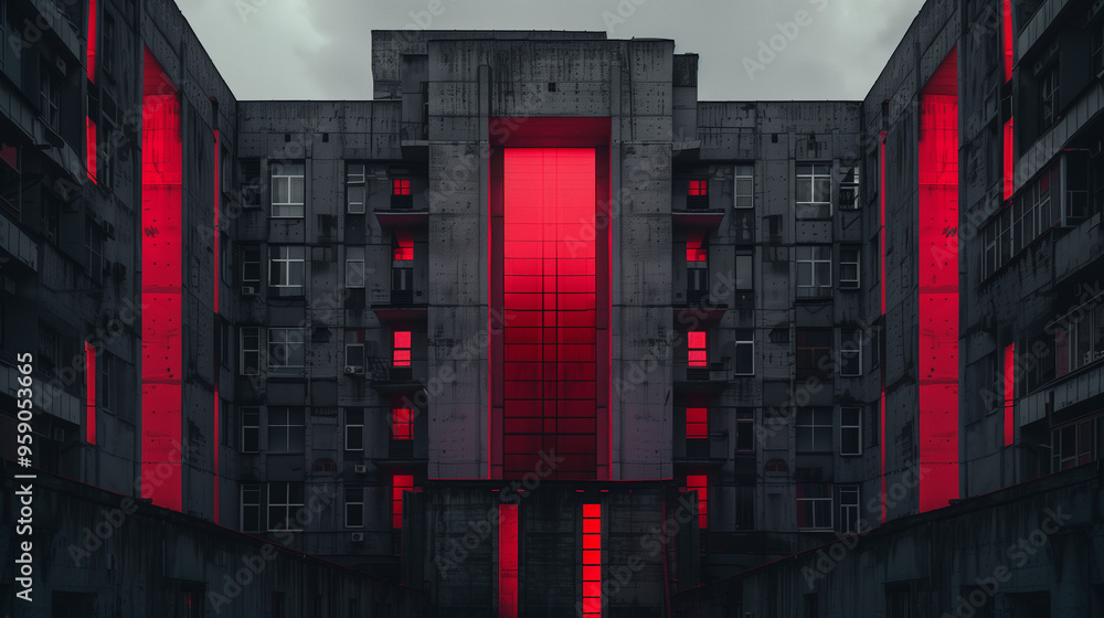 Brutalist building with glowing red light accents against a cloudy sky, creating a futuristic, dystopian atmosphere Brutalist building with glowing red light accents against a cloudy sky, creating a futuristic, dystopian atmosphere