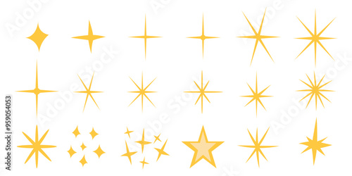 Vector Yellow Sparkle Icons set. Twinkle stars collection. Shiny flashes of fireworks isolated on white background. Set of star elements of various shapes.