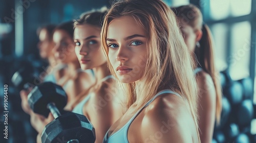 Ladies exercising in gym with weights.