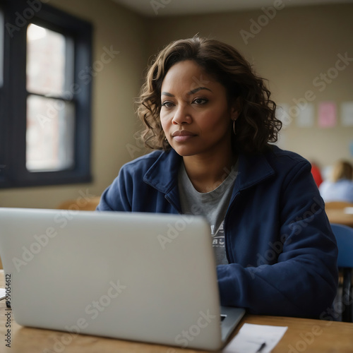 Professional woman of color using a laptop in a casual office environment with natural light