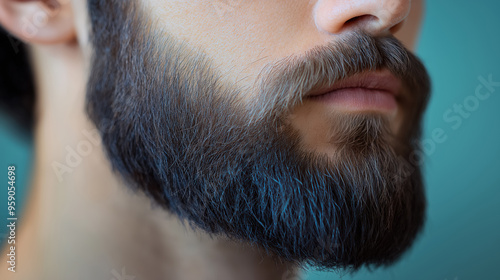 Close-up of a well-groomed, thick beard, showcasing texture and detail, with soft lighting emphasizing the facial hair and smooth skin underneath. photo