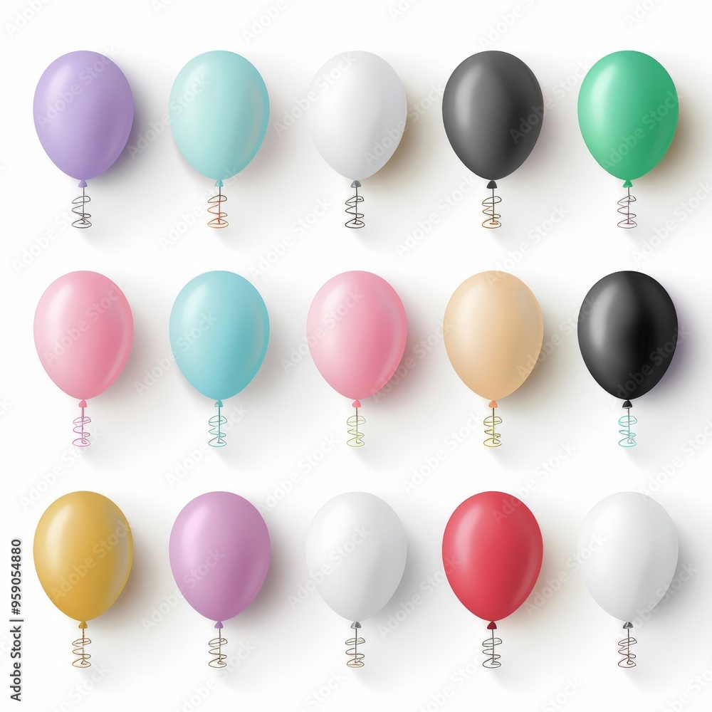 Floating balloons, event decoration element, detailed vector illustration, various hues, isolated on white background Floating balloons, event decoration element, detailed vector illustration, various hues, isolated on white background