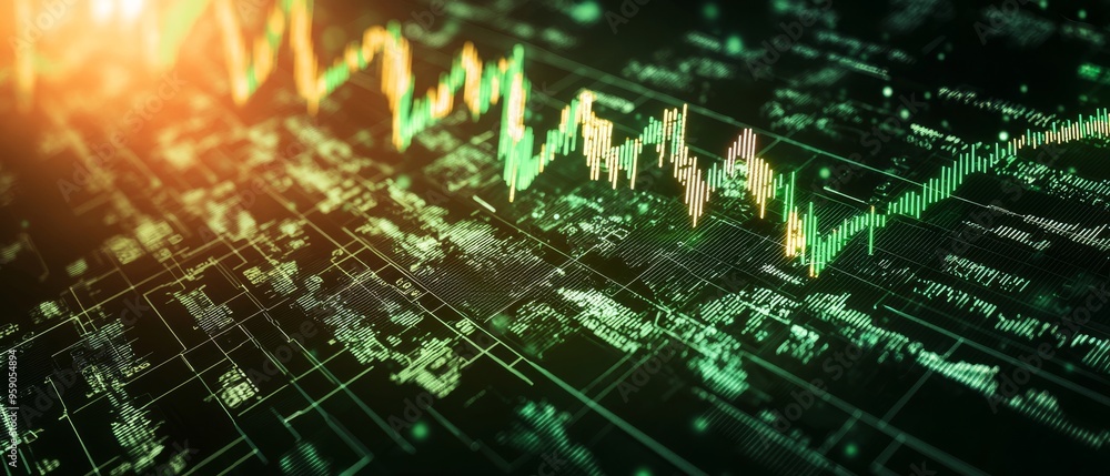 Abstract stock market graph with green lines on a dark background.
