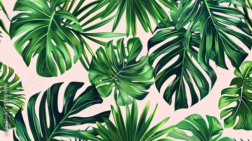 Seamless pattern with tropical leaves. Dark and bright green palm leaves on the light pink background. Vintage colors