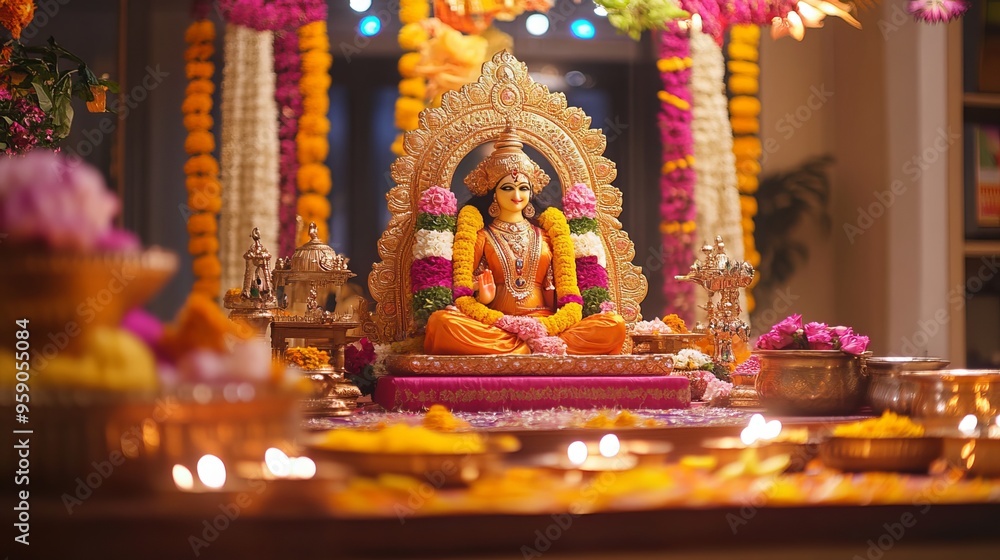 Fototapeta premium Celebrate Durga Puja with stunning decorations that add a festive touch to your abode. From captivating borders to elaborate frames and mesmerizing backgrounds