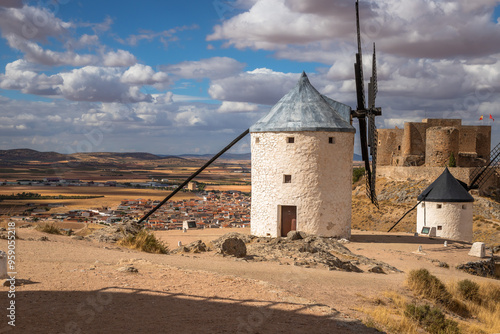 Beautiful exposure of the Windmills of Consuegra at Sunrise located on Castilla-La Mancha, Spain.
