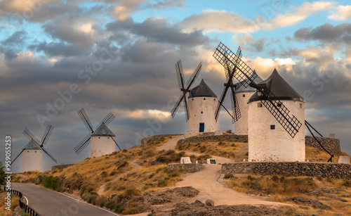 Beautiful exposure of the Windmills of Consuegra at Sunrise located on Castilla-La Mancha, Spain.