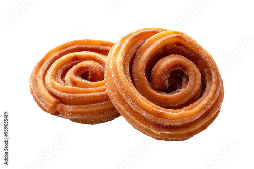 Close-up of a freshly baked cinnamon roll with sugar on top isolated on white transparent background. Concept of bakery and desserts