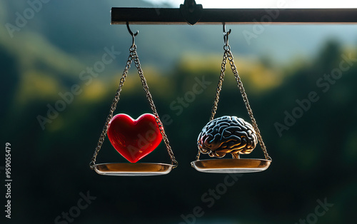 A heart and brain balanced on scales, symbolizing the conflict between emotion and logic in decision-making. photo