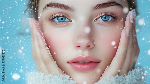 Beautiful woman with perfect skin on blue background with snowflakes