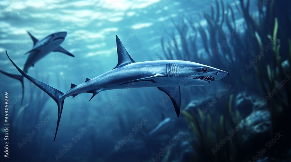 Obraz premium Thresher sharks are meat-eaters, mainly hunting small fish and squid. They use their long tails to gather their prey before attacking with their jaws. 