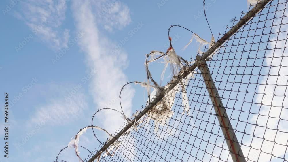 Handheld shot of a barbed wire fence in Queens, New York City Handheld shot of a barbed wire fence in Queens, New York City