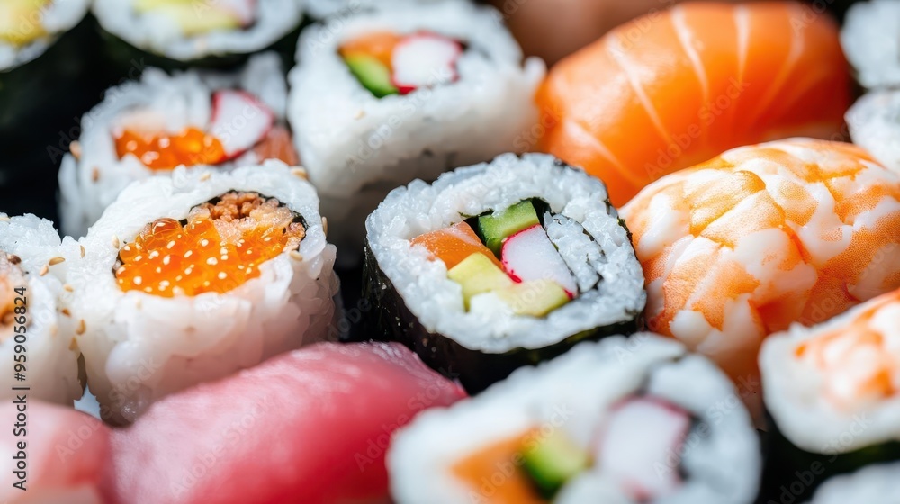 Close-up of fresh, colorful sushi rolls Close-up of fresh, colorful sushi rolls