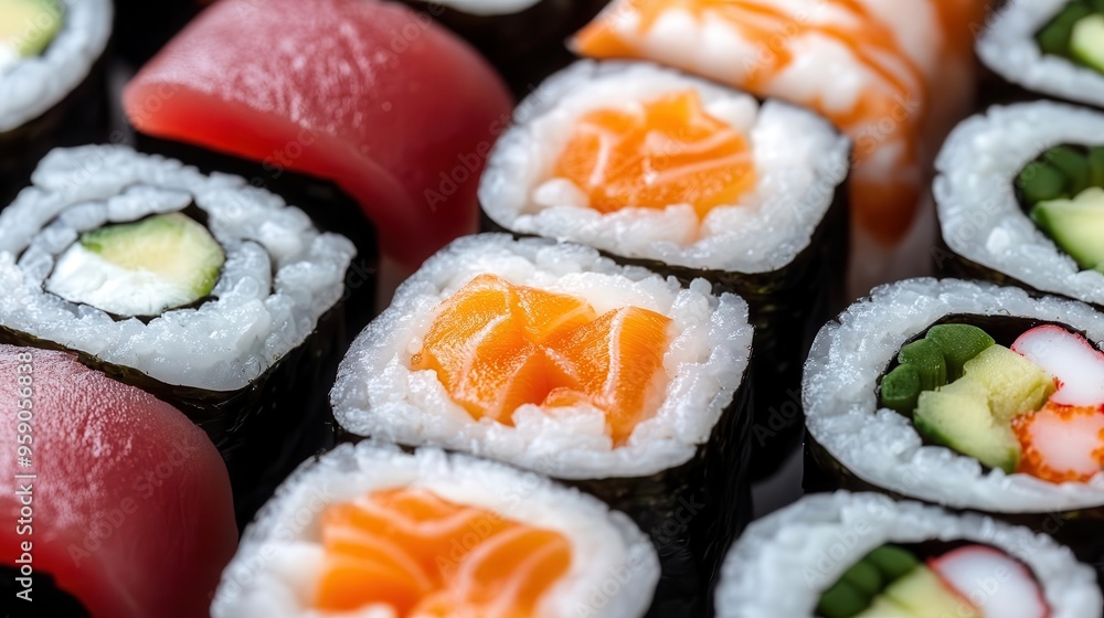 Close-up of fresh, colorful sushi rolls Close-up of fresh, colorful sushi rolls