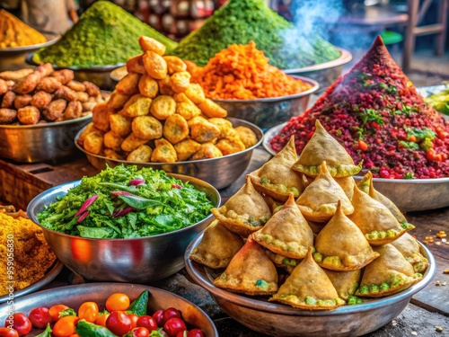 Vibrant street vendor stall overflowing with crispy samosas, savory chaat, and steaming kachoris, surrounded by colorful spices and fresh vegetables in a bustling city market. photo