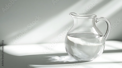 Minimalist Water Jug: A transparent, glass water jug with a clean, simple design, placed on a white background with subtle light reflections. 