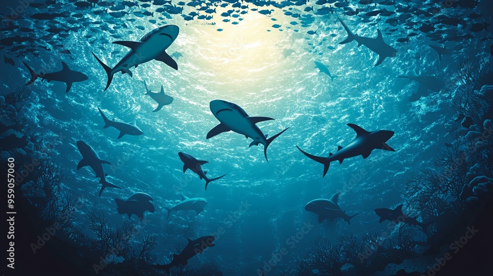 Fototapeta premium An underwater sea landscape from a bottom view, featuring sharks and shoals of fish. 