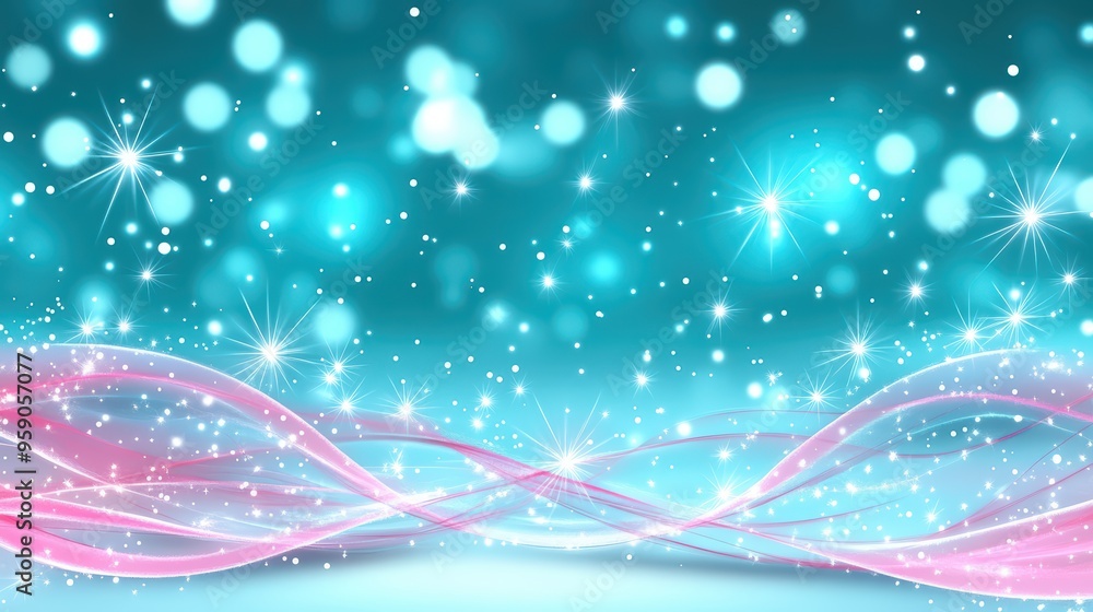 A stunning abstract background featuring flowing lines and sparkling lights in teal and pink hues, perfect for festive designs. A stunning abstract background featuring flowing lines and sparkling lights in teal and pink hues, perfect for festive designs.