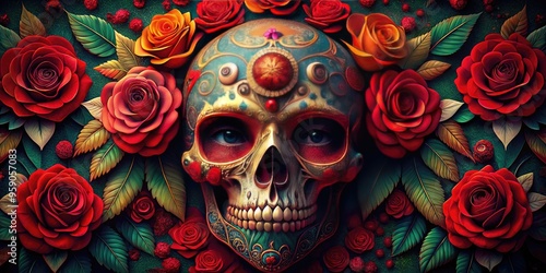 Vibrant sugar skull adorned with intricate designs and surrounded by lush, velvety red roses, symbolizing the beauty and fragility of life and mortality.