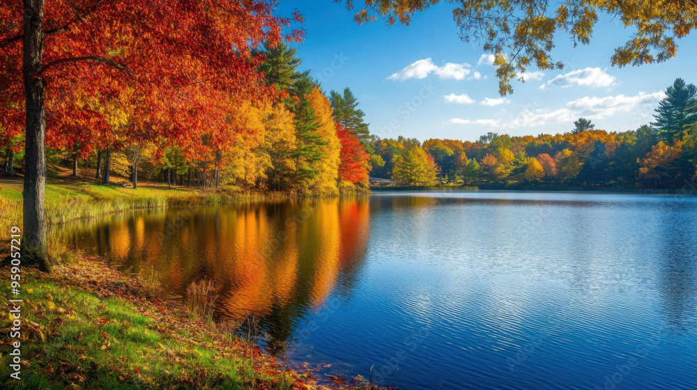A beautiful autumn day with a calm lake reflecting colorful fall foliage, surrounded by trees in their peak autumn colors. A beautiful autumn day with a calm lake reflecting colorful fall foliage, surrounded by trees in their peak autumn colors.