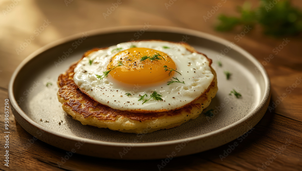 Potato pancakes topped with an egg on the plate. Potato pancakes topped with an egg on the plate.