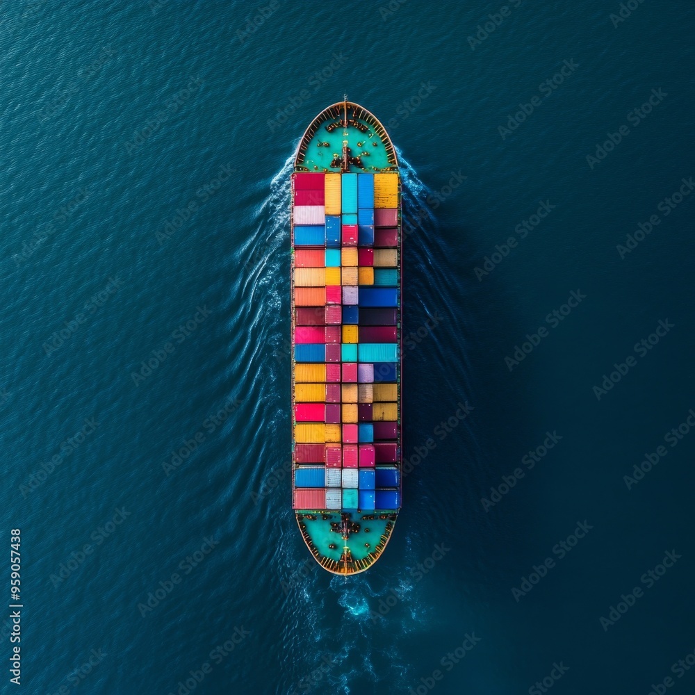 An aerial view of a cargo ship carrying colorful containers, sailing on a calm blue ocean. An aerial view of a cargo ship carrying colorful containers, sailing on a calm blue ocean.