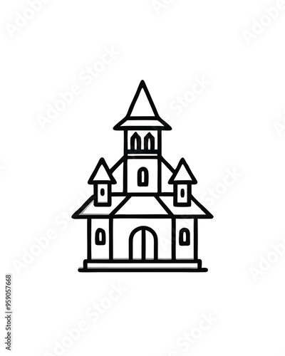 Editable stroke vector illustration of a haunted mansion silhouette with a tall central tower and multiple windows.