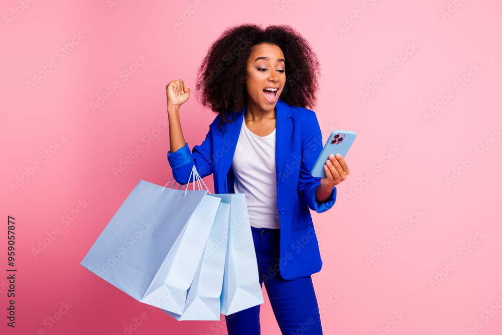 Photo of attractive glad charming girl wear trendy blue clothes rejoice offer isolated on pink color background Photo of attractive glad charming girl wear trendy blue clothes rejoice offer isolated on pink color background