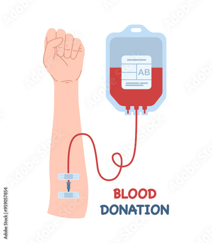 Blood bag and hand. Blood donation concept. Save a life. Hand drawn vector illustrations.