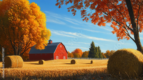 A charming fall scene with a classic red barn, hay bales, and trees in full autumn colors under a clear blue sky.