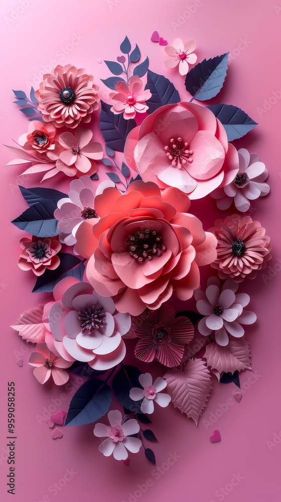 Valentine's Day Background with Pink Love Heart and Paper Cut Flowers, Romantic Floral Design with Pink and Purple Blooms, Perfect for Valentine's Cards, Invitations, and Love-Themed Decorations Valentine's Day Background with Pink Love Heart and Paper Cut Flowers, Romantic Floral Design with Pink and Purple Blooms, Perfect for Valentine's Cards, Invitations, and Love-Themed Decorations