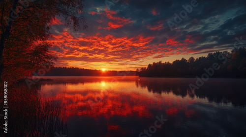 A beautiful autumn sunset over a tranquil lake, with the sky reflecting shades of orange, red, and purple.