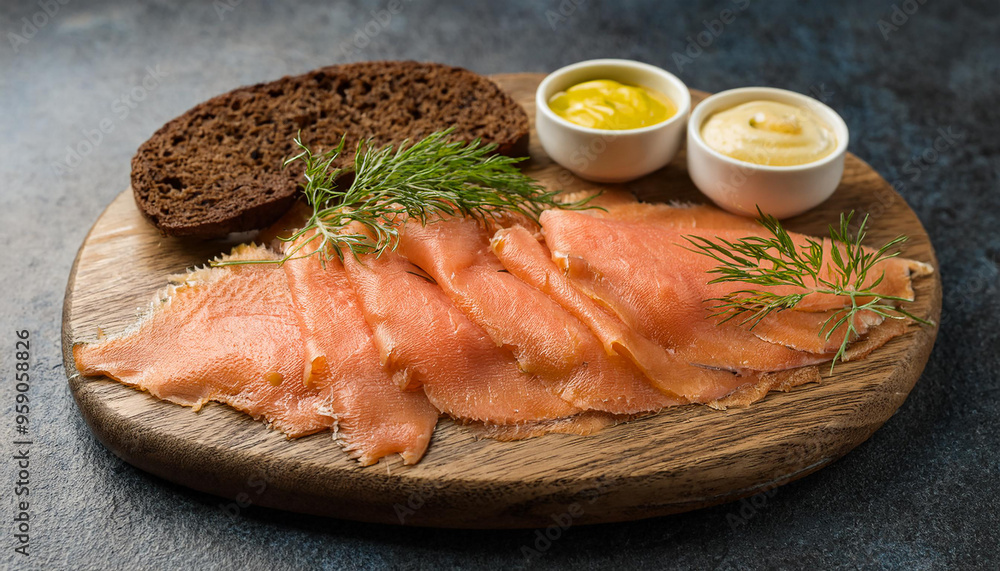 Swedish gravlax, sliced cured salmon with dill on wooden board, mustard sauce, rye bread. Tasty food Swedish gravlax, sliced cured salmon with dill on wooden board, mustard sauce, rye bread. Tasty food
