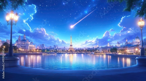 A stunning night scene of Paris with a shooting star and the Eiffel Tower reflecting in the water, creating a magical atmosphere.
