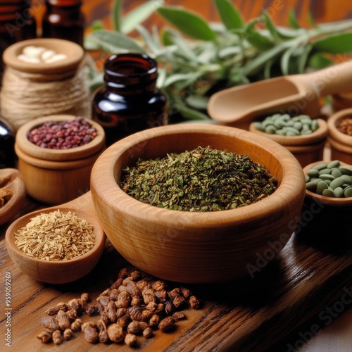 Assortment of dried herbs and spices in wooden bowls and containers on a rustic wooden table.