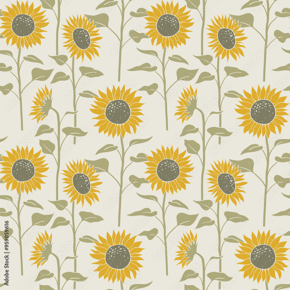 Sunflower seamless pattern background. Hand drawn autumn or fall illustration and wallpaper art. Lino stamp style. Sunflower seamless pattern background. Hand drawn autumn or fall illustration and wallpaper art. Lino stamp style.