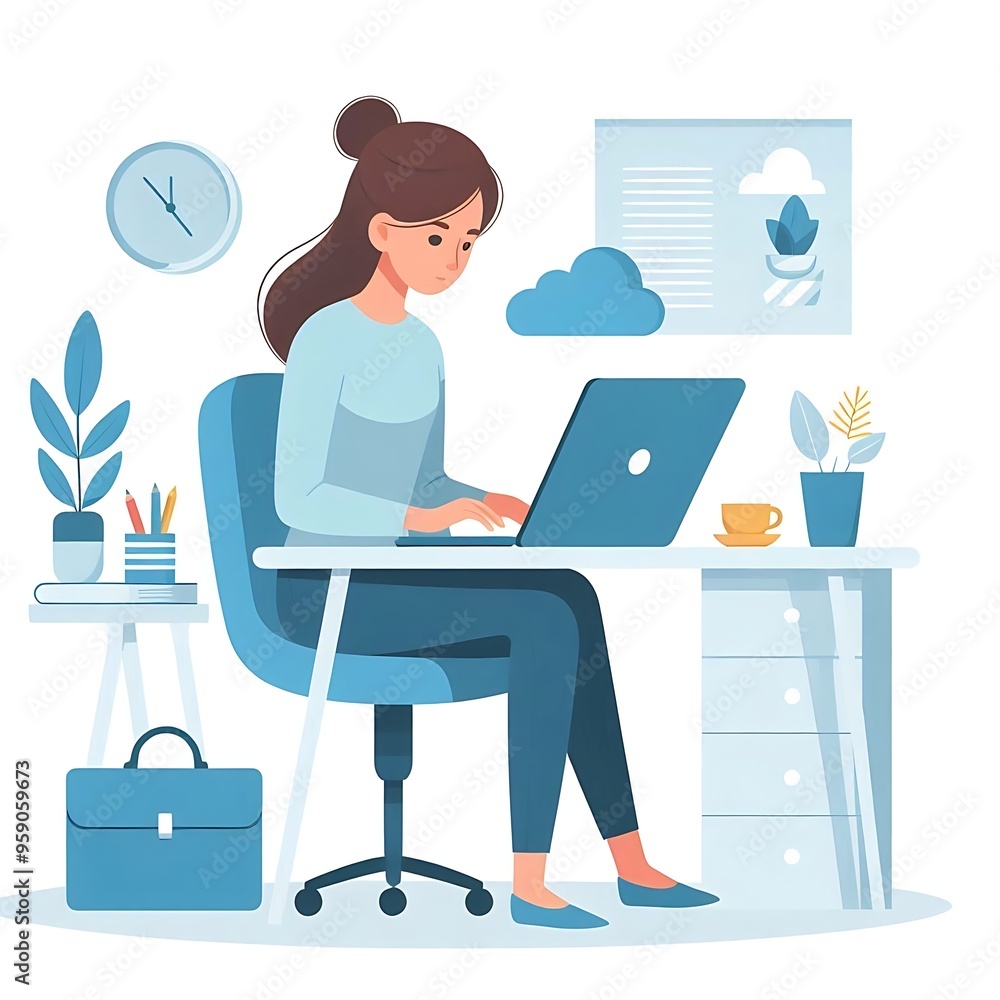 Youn woman working on laptop, flat style, white background, isolated, pastel colors Youn woman working on laptop, flat style, white background, isolated, pastel colors