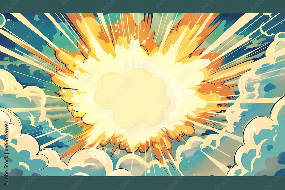 A vibrant explosion bursts forth from the clouds, showcasing bright yellows and oranges against a striking blue backdrop. A vibrant explosion bursts forth from the clouds, showcasing bright yellows and oranges against a striking blue backdrop.