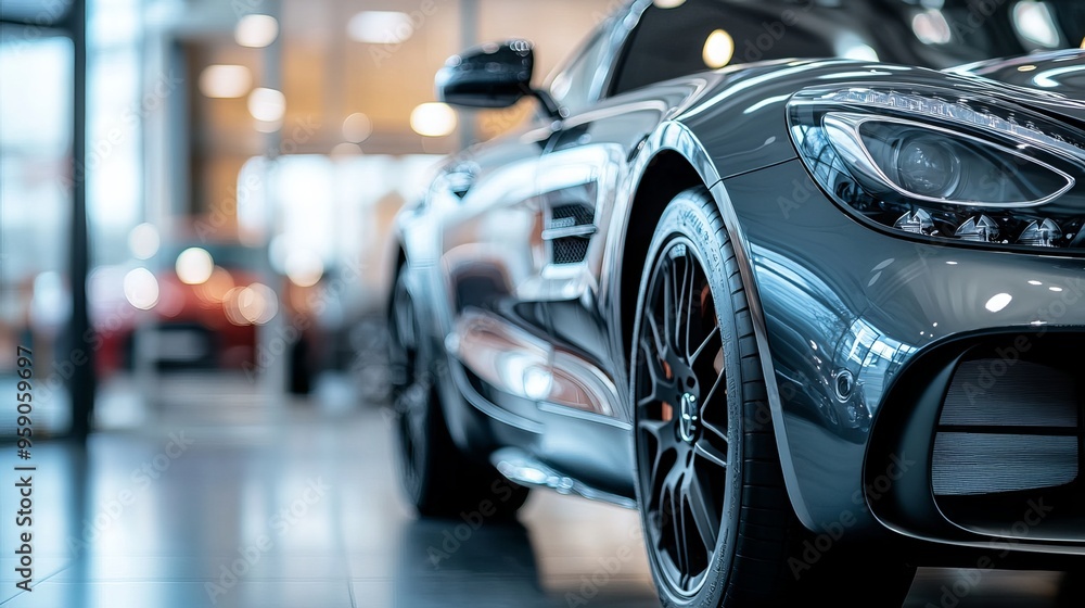 Modern showroom displays a sleek, gray car with blurred features. This close-up shot highlights the vehicle's pristine condition and stylish design Modern showroom displays a sleek, gray car with blurred features. This close-up shot highlights the vehicle's pristine condition and stylish design