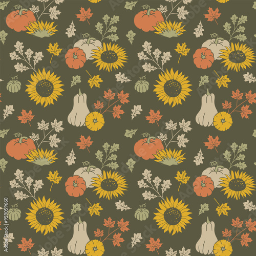 Fall seamless pattern with pumpkin, sunflower and leaves. Autumn elements on dark background. Hand drawn repetitive illustration. Lino stamp style wallpaper art.