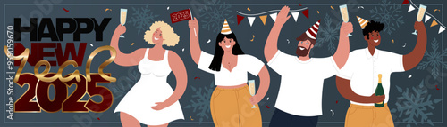 Happy New Year 2025 long horizontal banner. A group of diverse people. Modern flat illustration with golden snowflakes.
